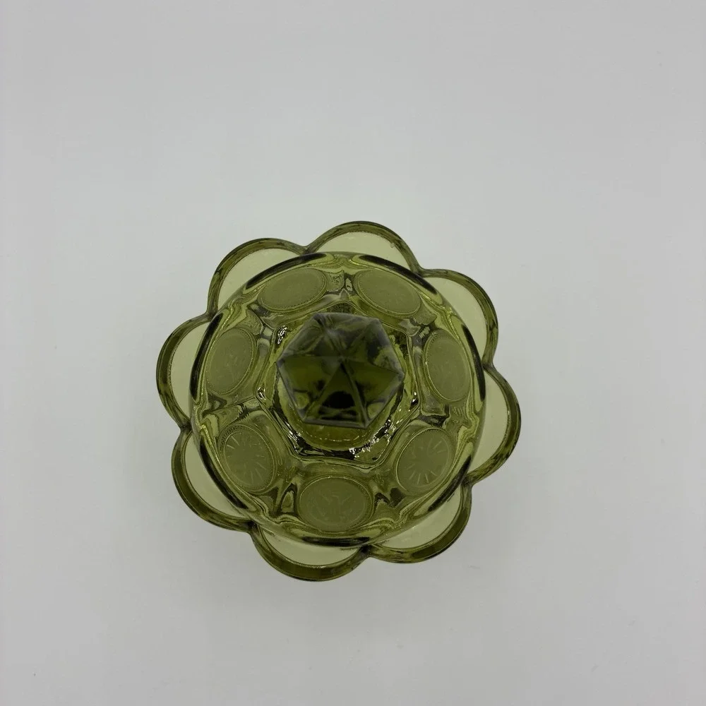Vintage Fostoria Coin Glass Candy Dish w Lid Avocado Green Eagle 1887 Pedestal